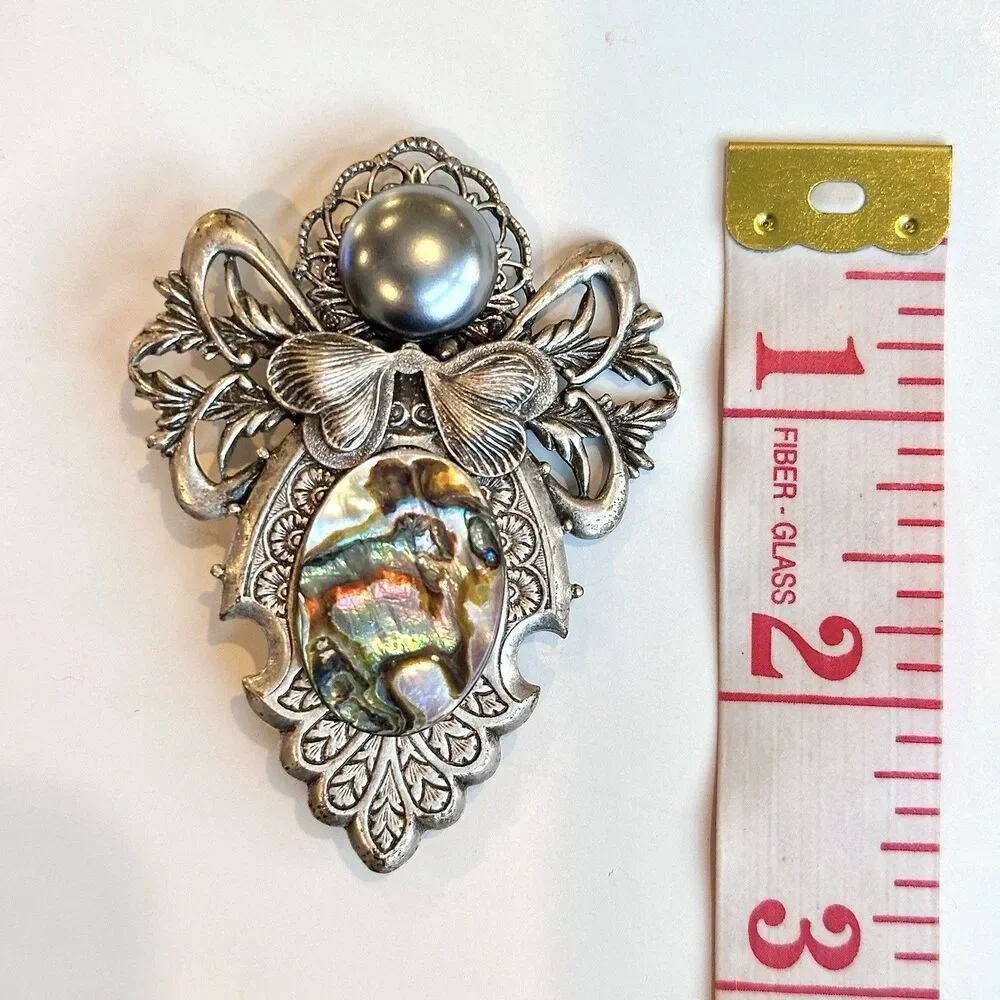 VTG Jane 1999 Angel Mother of Pearl Brooch Filigree Religious Signed